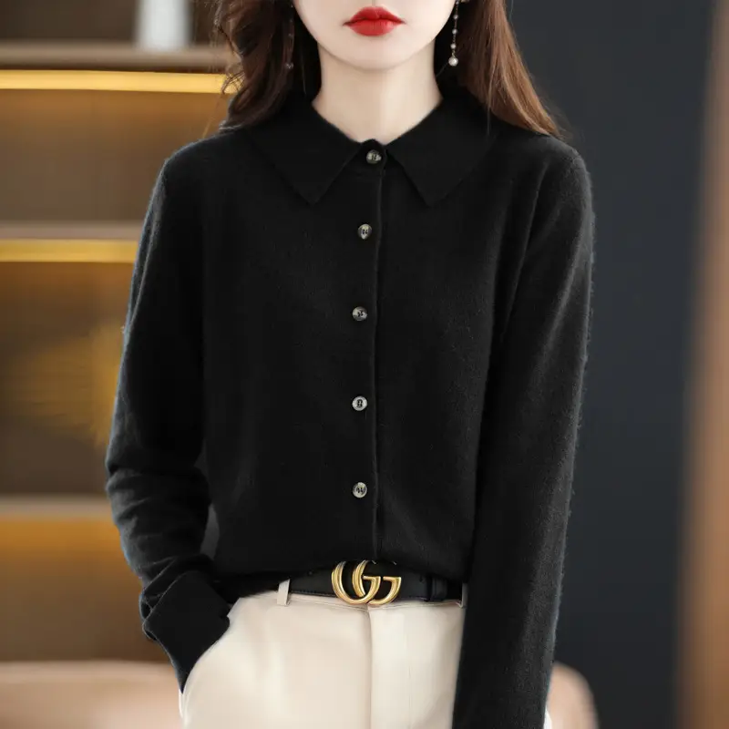 Women's Blue Polo Collar Sweater Shirt Long Sleeve Knitted - Image 2