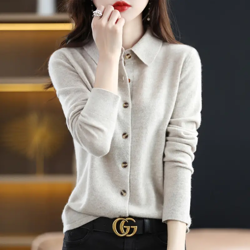 Women's Blue Polo Collar Sweater Shirt Long Sleeve Knitted - Image 5