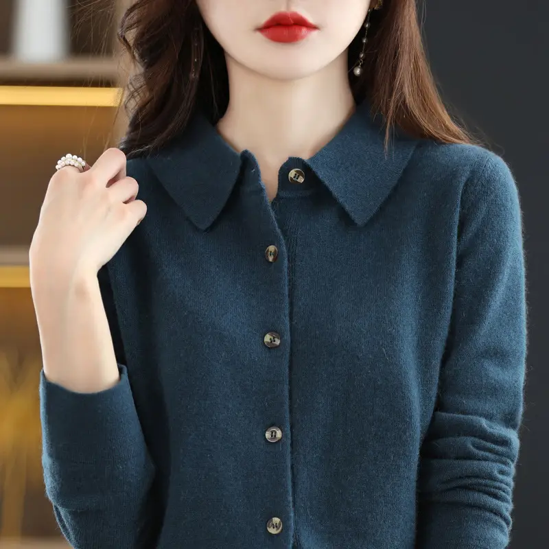 Women's Blue Polo Collar Sweater Shirt Long Sleeve Knitted - Image 7