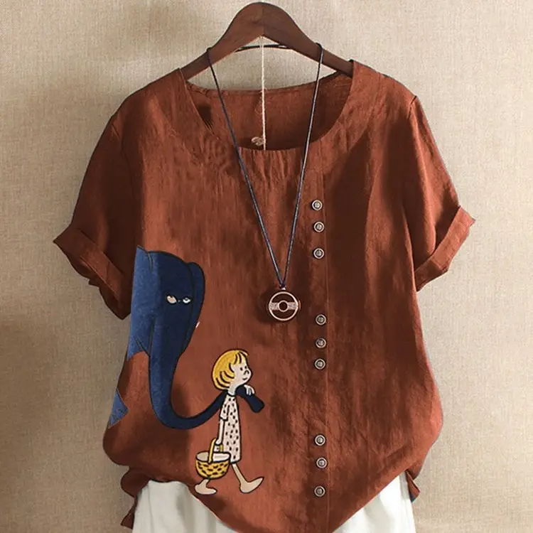 Women Retro Cartoon Print T-Shirt Green Short Sleeve - Image 6