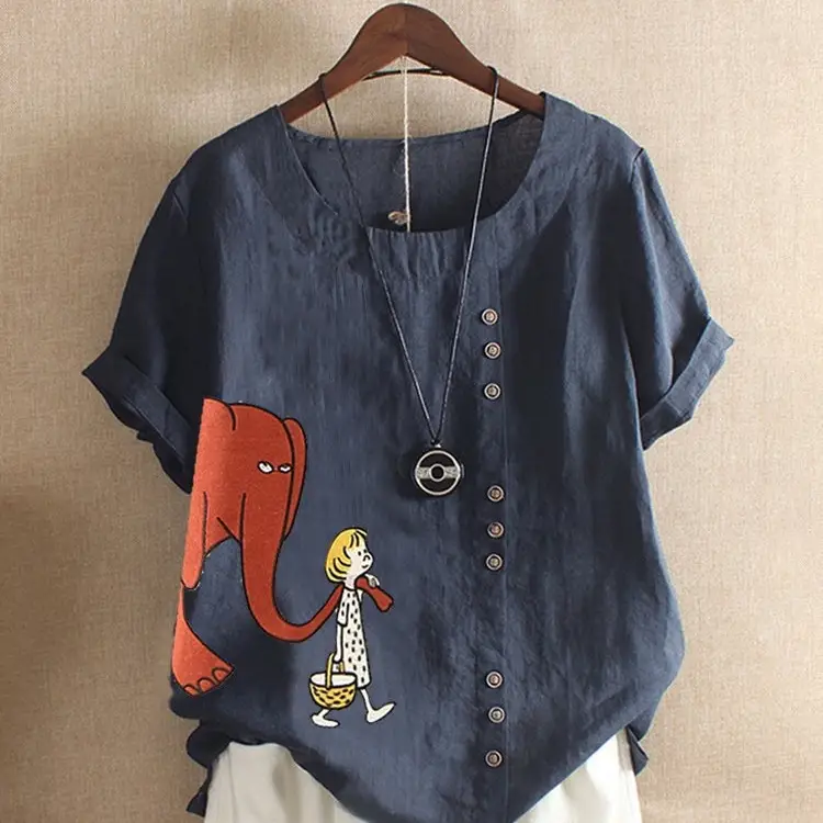 Women Retro Cartoon Print T-Shirt Green Short Sleeve - Image 7