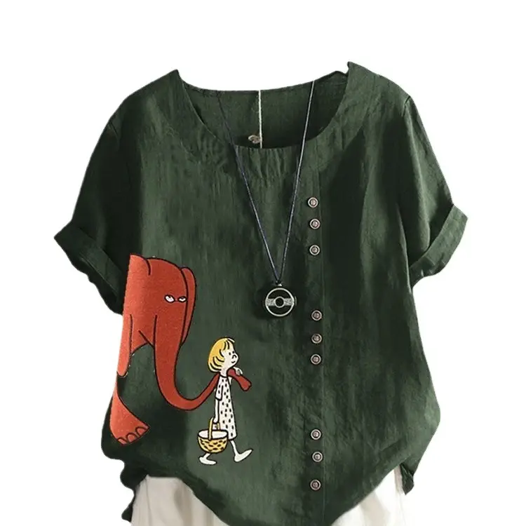 Women Retro Cartoon Print T-Shirt Green Short Sleeve - Image 8