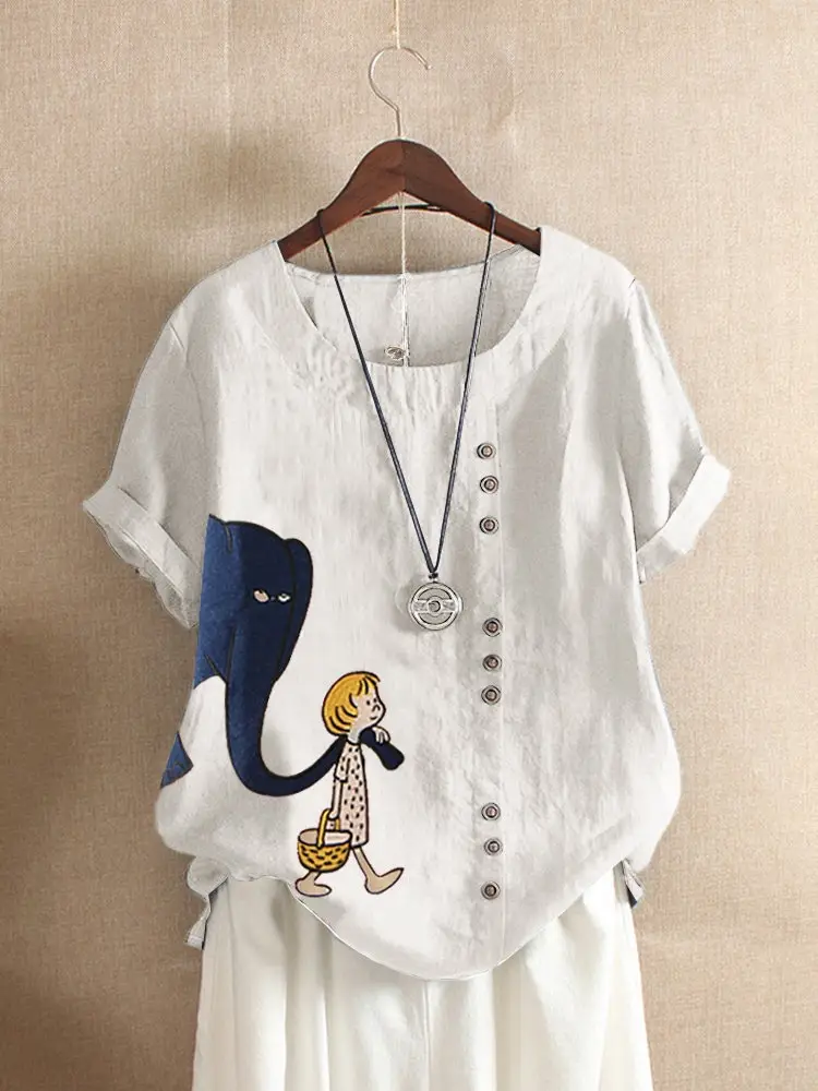 Women Retro Cartoon Print T-Shirt Green Short Sleeve — feature 2