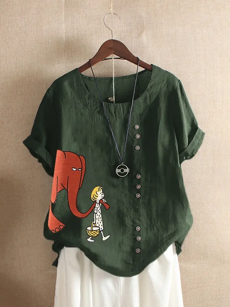 Women Retro Cartoon Print T-Shirt Green Short Sleeve — feature 3
