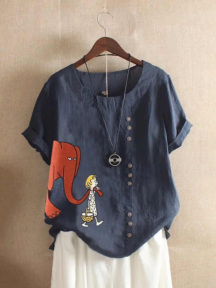Women Retro Cartoon Print T-Shirt Green Short Sleeve — feature 4