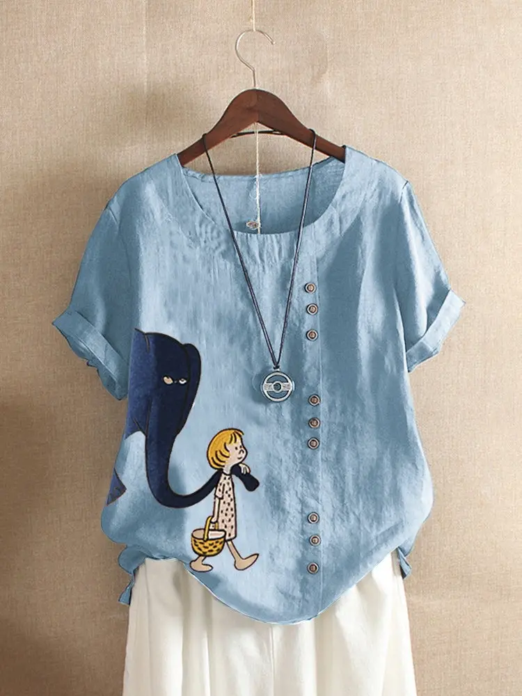Women Retro Cartoon Print T-Shirt Green Short Sleeve - Image 2