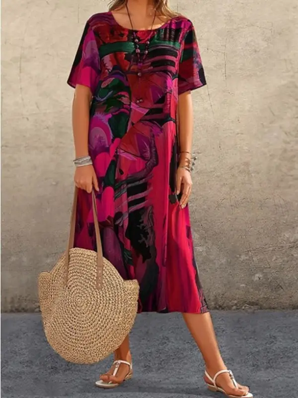 2023 Printed Casual Dress Summer Short Sleeve Waist Crewneck Loose Beach Dress - Image 7