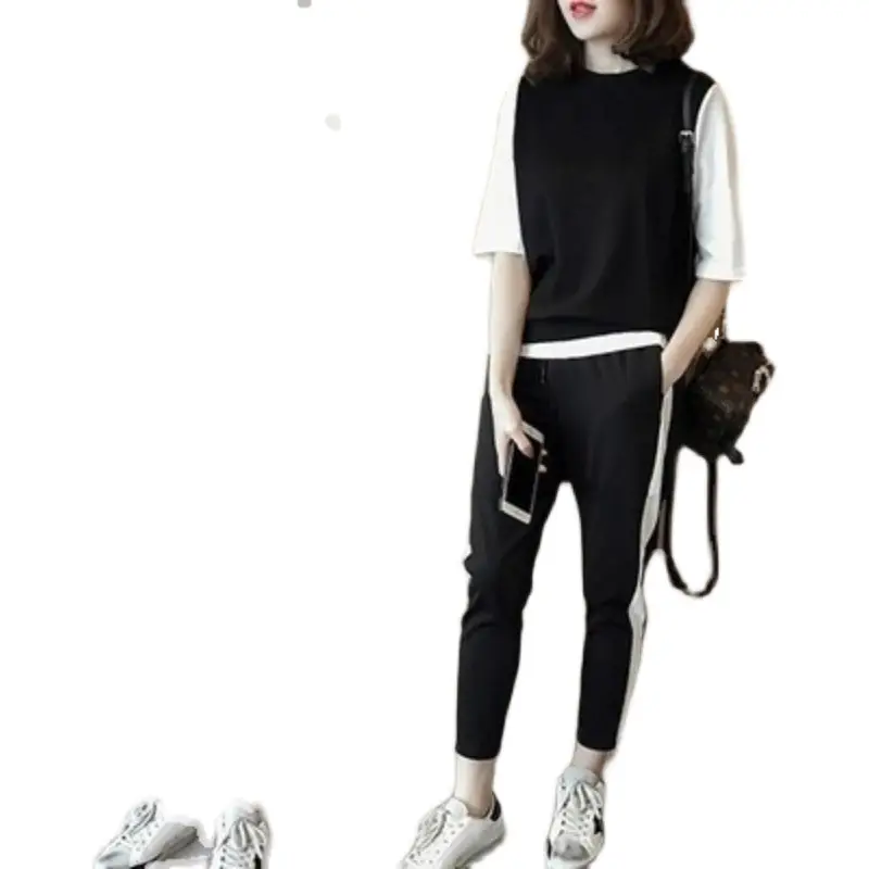 2023 Summer Women Black White Track Pants Set