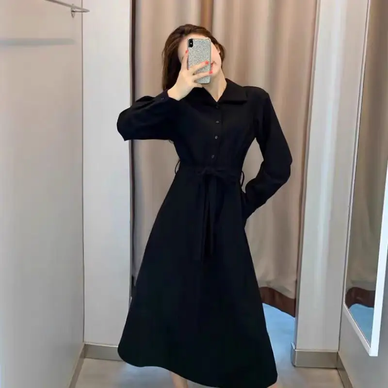 Black French Button Front Waist Belt Dress for Women