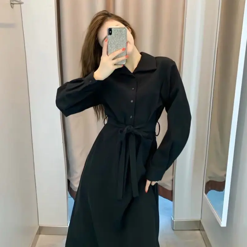 Black French Button Front Waist Belt Dress for Women