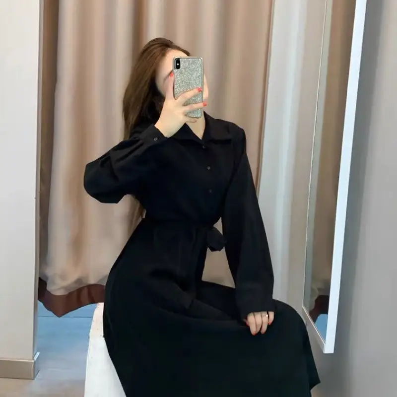 Black French Button Front Waist Belt Dress for Women