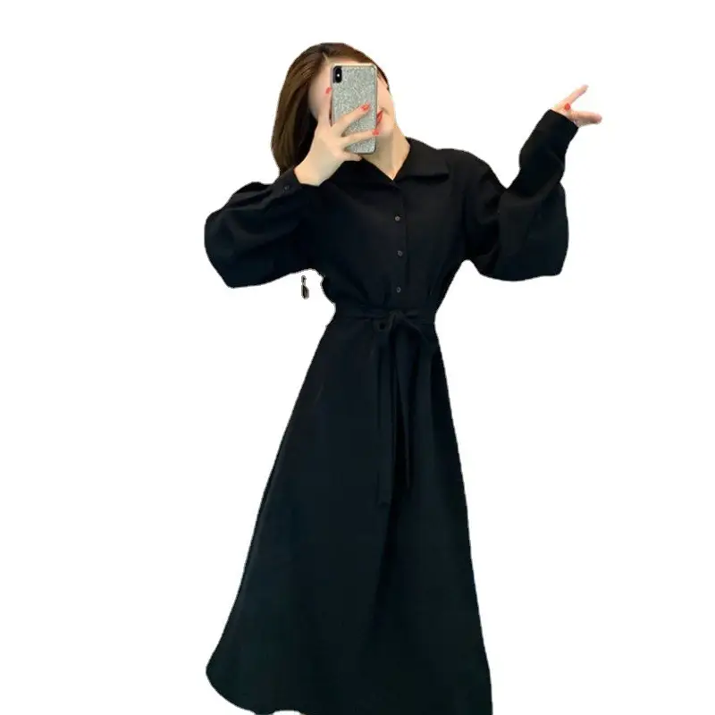 Black French Button Front Waist Belt Dress for Women