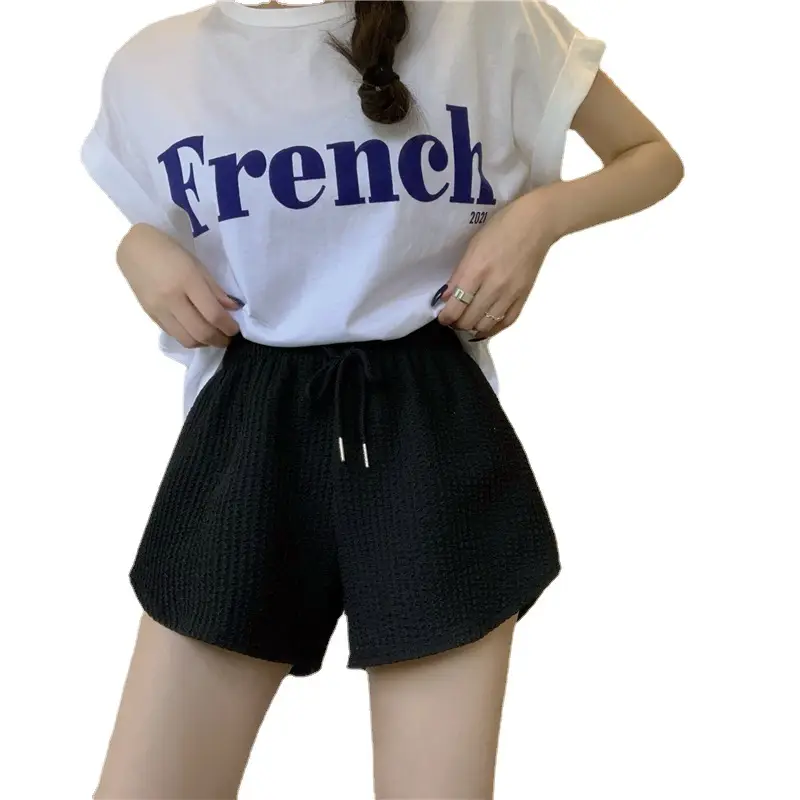 Black Ribbed High Waist Shorts for Women