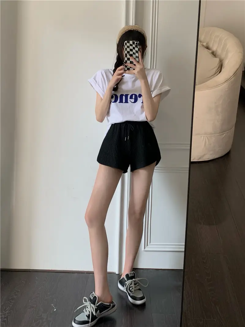 Black Ribbed High Waist Shorts for Women — feature 22