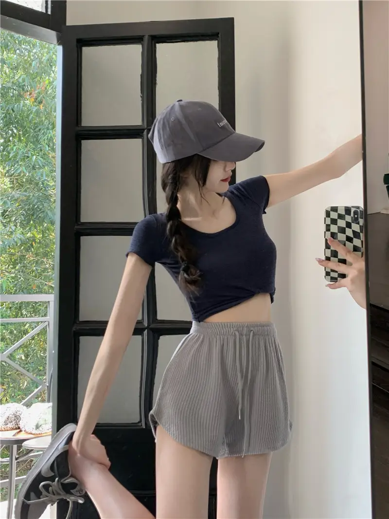 Black Ribbed High Waist Shorts for Women — feature 24