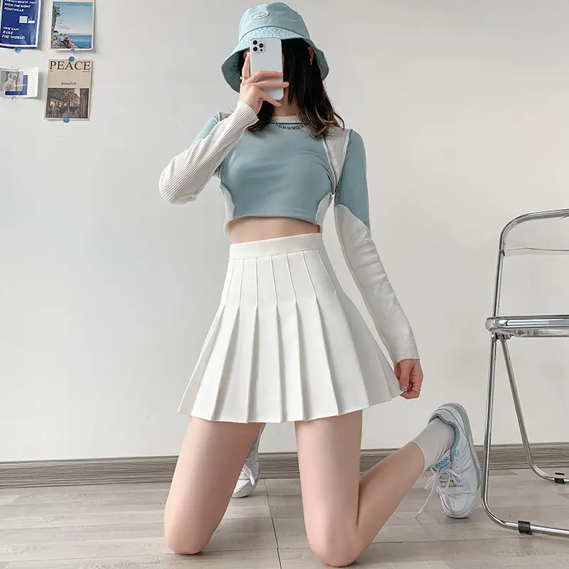 Women Black Pleated Skirt High Waist Slim Fit - Image 2