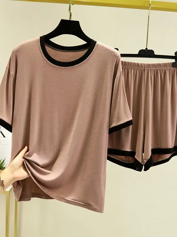 Women Brown Modal T-Shirt Shorts Set Summer Casual