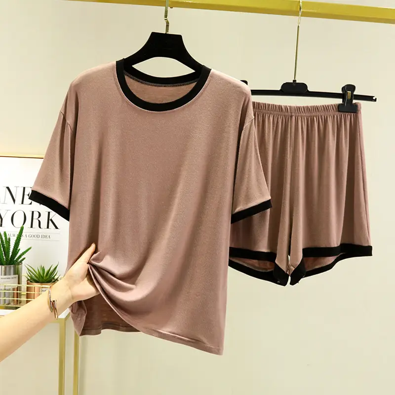 Women Brown Modal T-Shirt Shorts Set Summer Casual