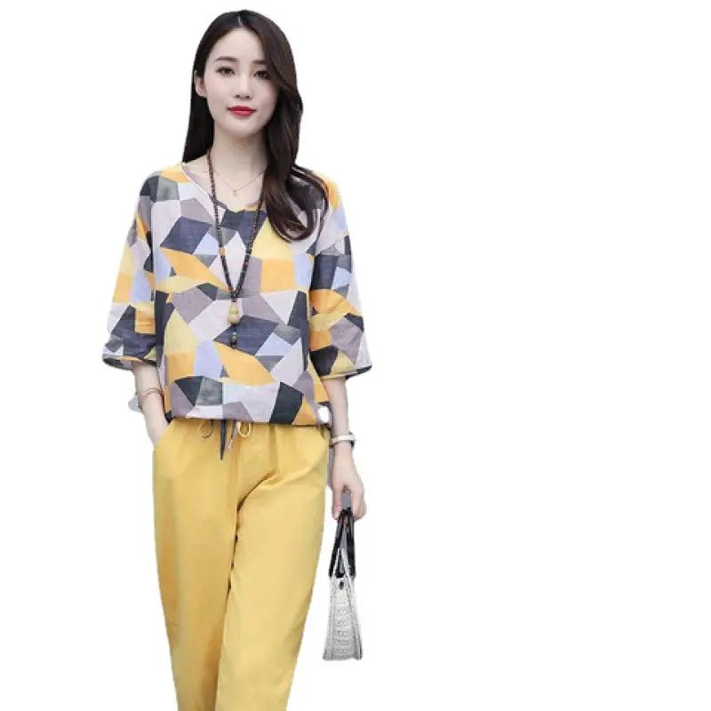 Women Geometric Print Pencil Pants Set Yellow Summer 2025 - Image 7