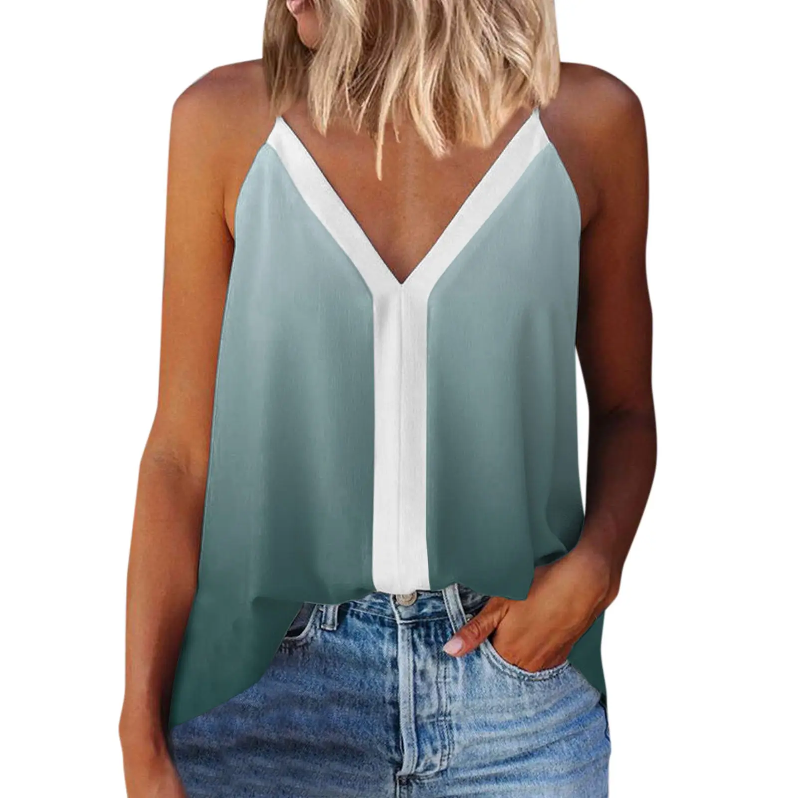 Women's V-Neck Floral Camisole Top White Blue Flowers - Image 10