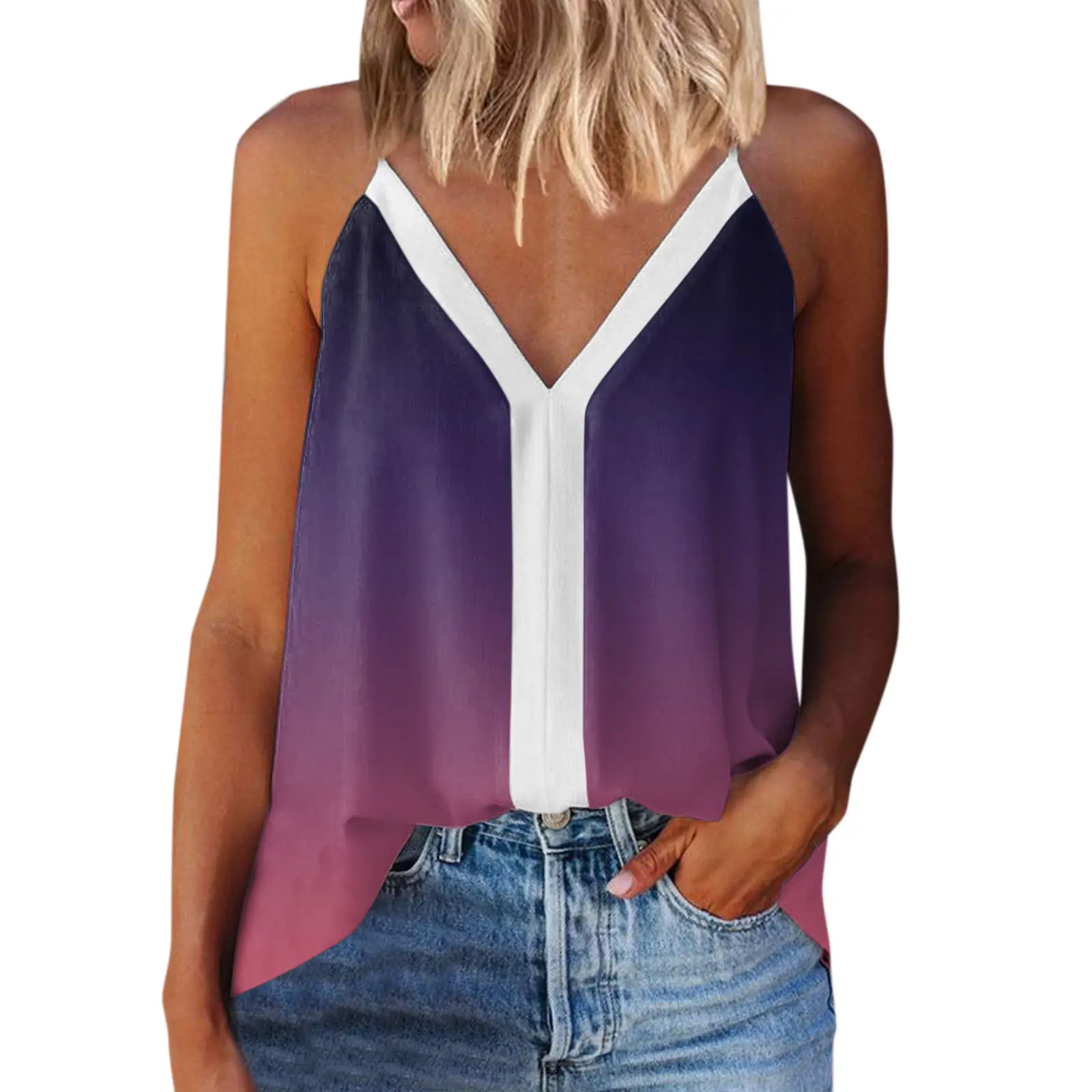 Women's V-Neck Floral Camisole Top White Blue Flowers - Image 3