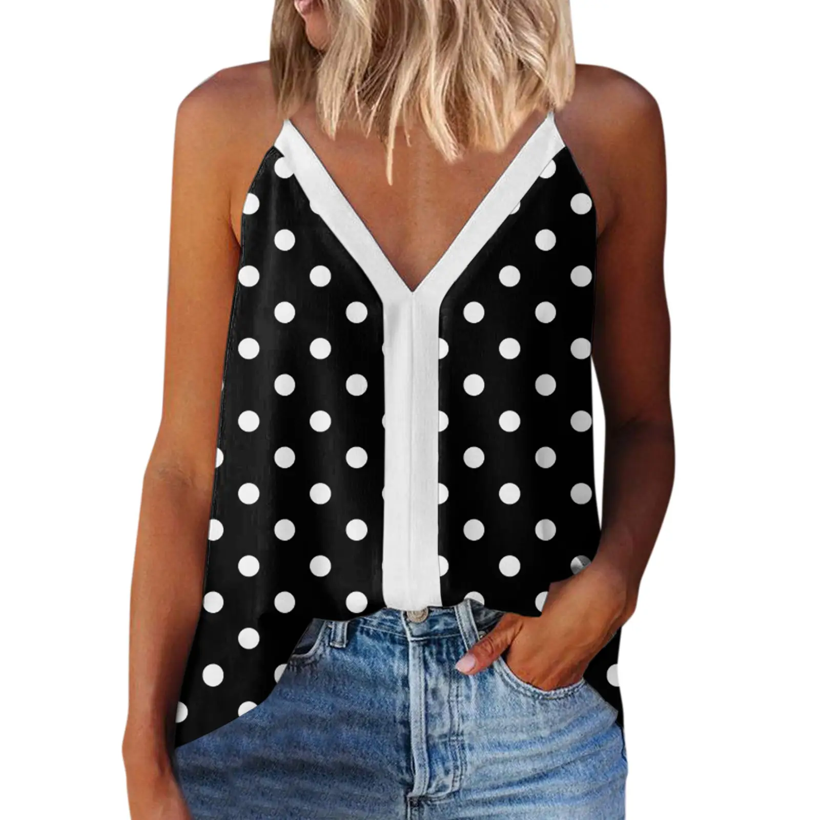 Women's V-Neck Floral Camisole Top White Blue Flowers - Image 5