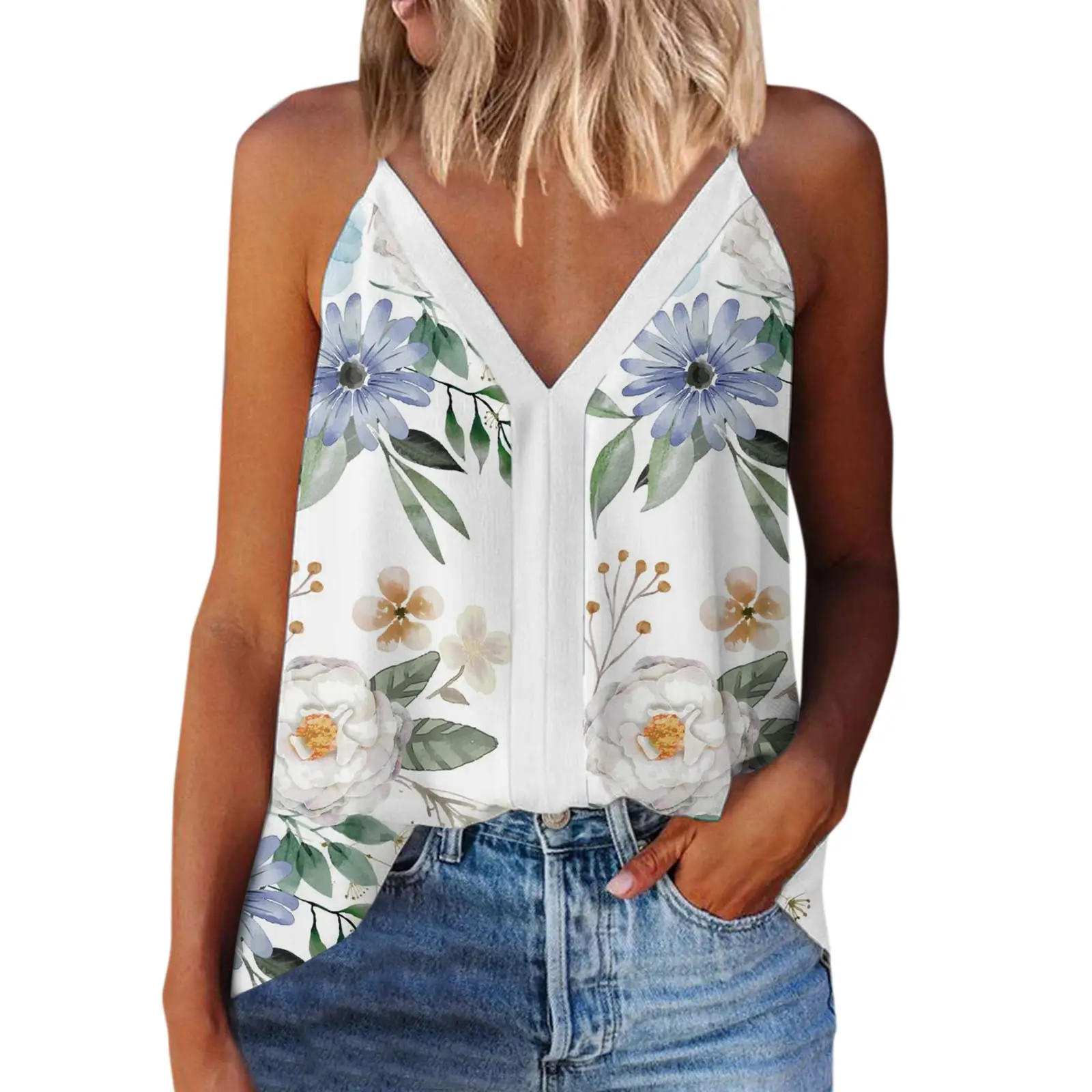 Women's V-Neck Floral Camisole Top White Blue Flowers - Image 6