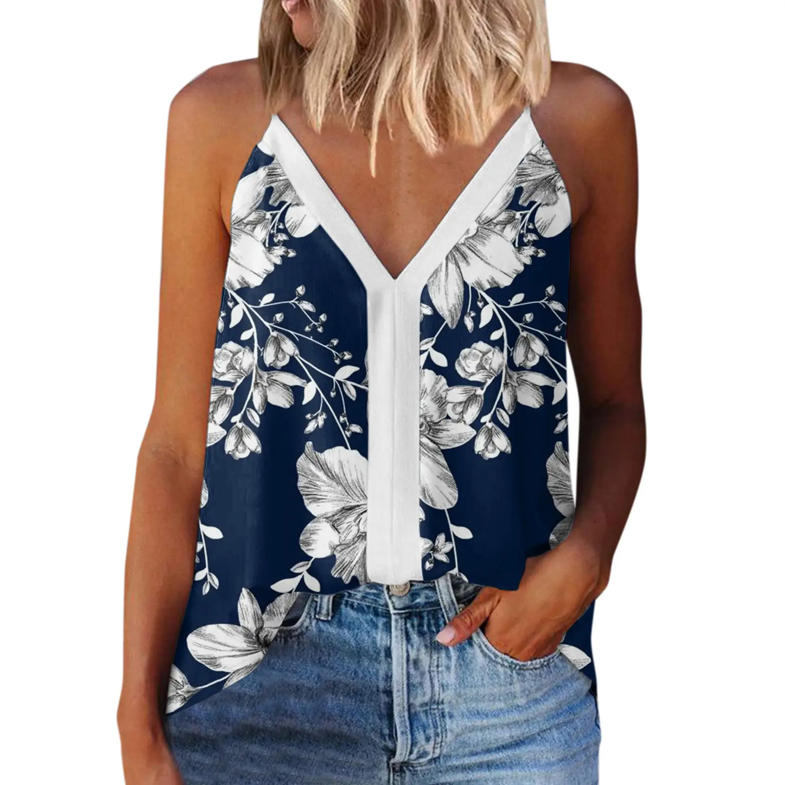 Women's V-Neck Floral Camisole Top White Blue Flowers - Image 7