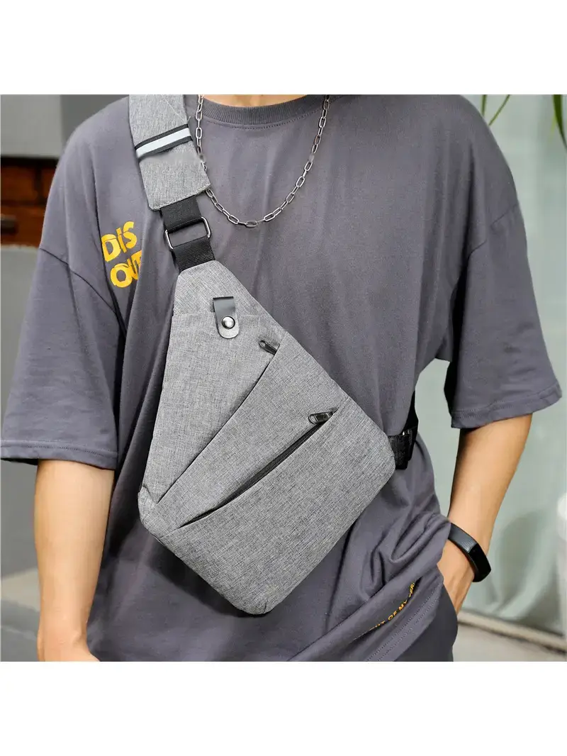 Gray Men's Chest Bag with Zip & Plaid Pocket - Image 8