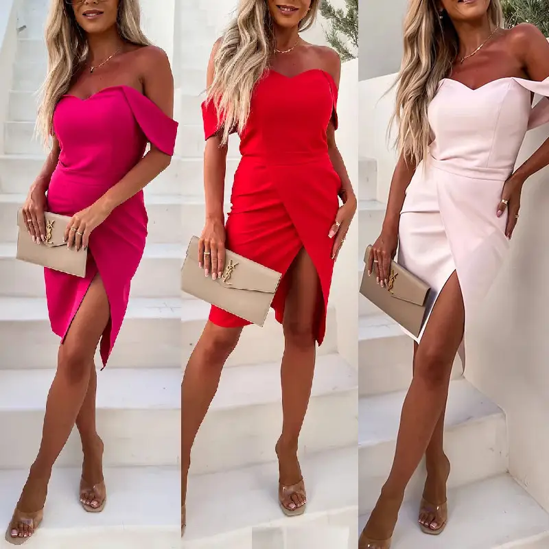 2023 Summer Sexy Women Dress Split Slit Pink Red White - Image 4