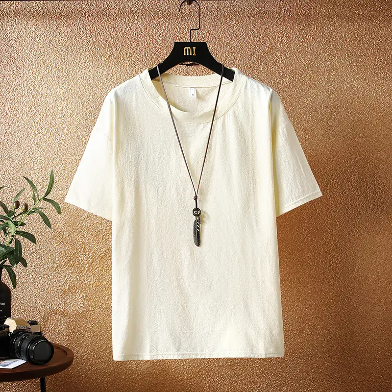 Men Linen Short Sleeve T-Shirt Cream - Image 8