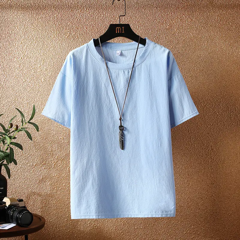 Men Linen Short Sleeve T-Shirt Cream - Image 4