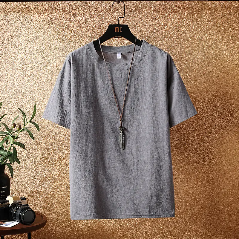 Men Linen Short Sleeve T-Shirt Cream - Image 9