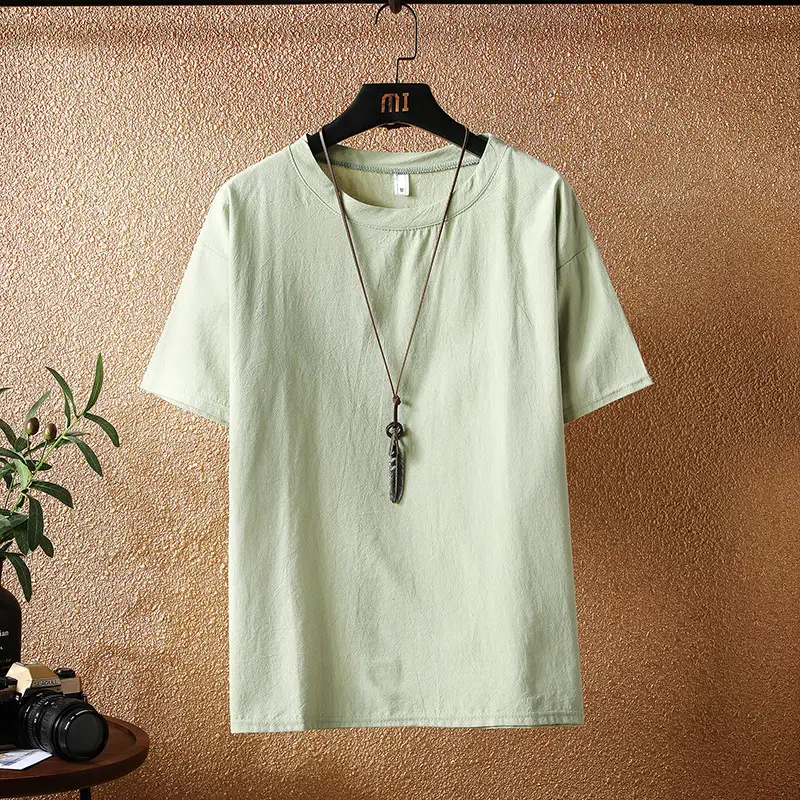 Men Linen Short Sleeve T-Shirt Cream - Image 5