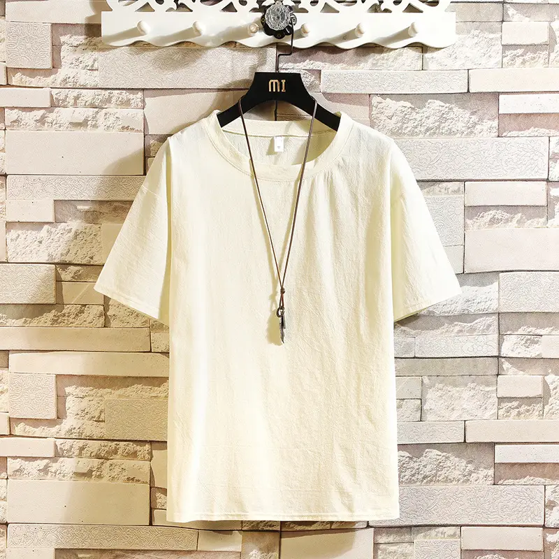 Men Linen Short Sleeve T-Shirt Cream - Image 6