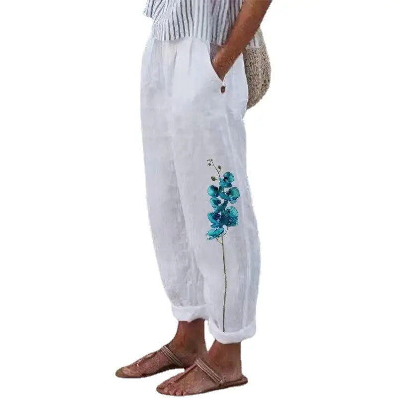 2022 Printed Cotton Linen Loose Leg Pants White Blue Floral
