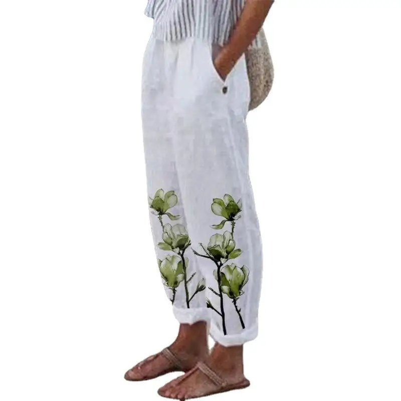 2022 Printed Cotton Linen Loose Leg Pants White Blue Floral
