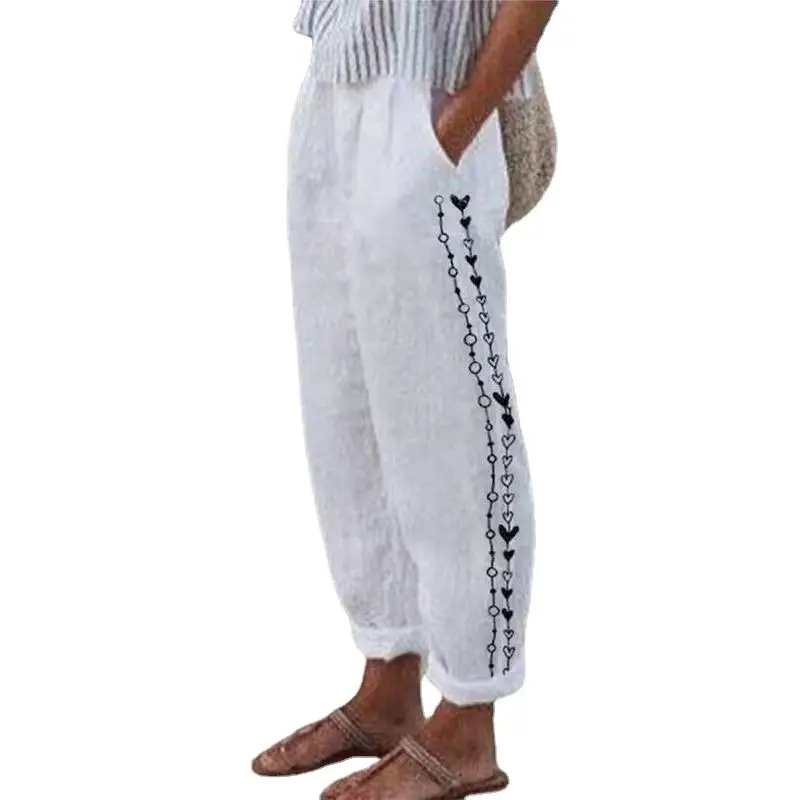 2022 Printed Cotton Linen Loose Leg Pants White Blue Floral