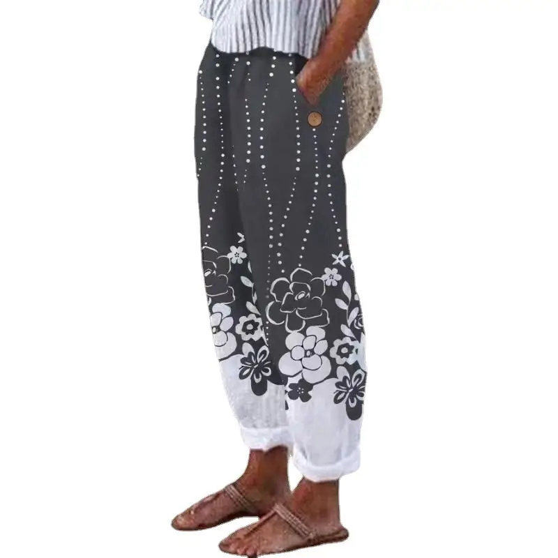 2022 Printed Cotton Linen Loose Leg Pants White Blue Floral