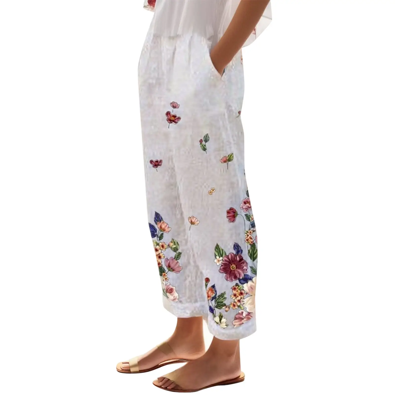 2022 Printed Cotton Linen Loose Leg Pants White Blue Floral