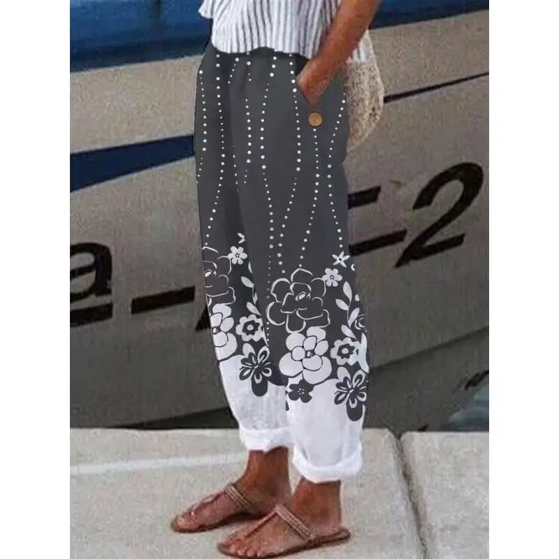 2022 Printed Cotton Linen Loose Leg Pants White Blue Floral