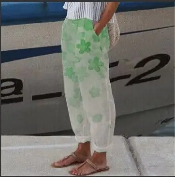 2022 Printed Cotton Linen Loose Leg Pants White Blue Floral