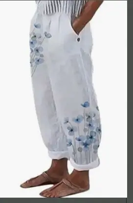 2022 Printed Cotton Linen Loose Leg Pants White Blue Floral