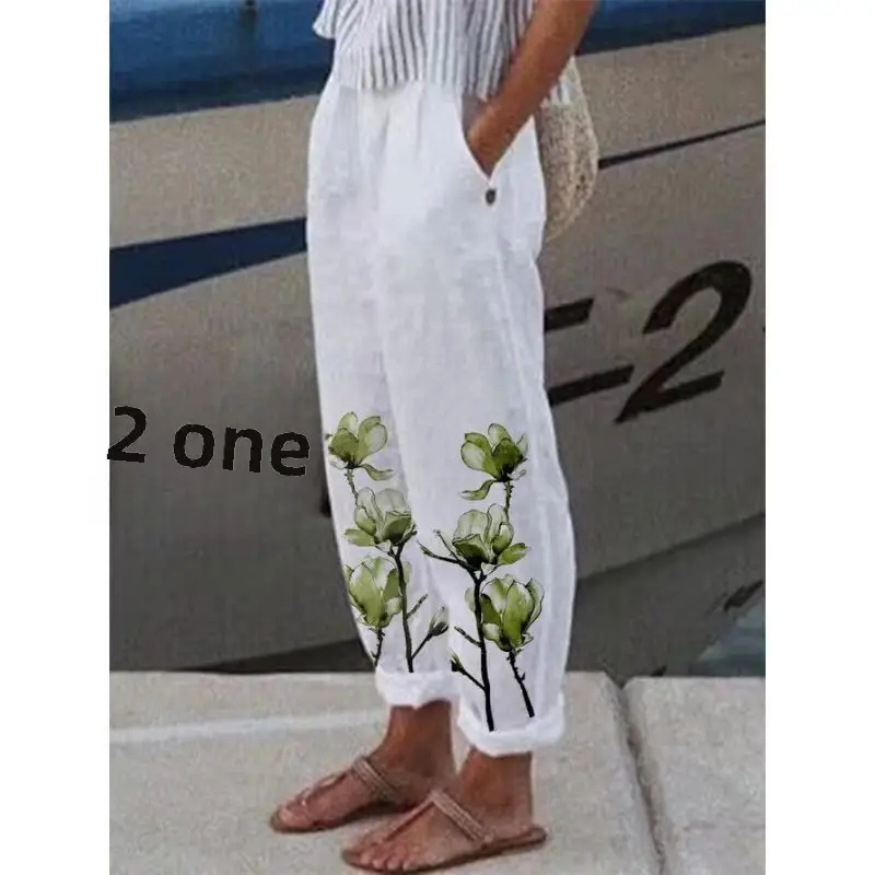 2022 Printed Cotton Linen Loose Leg Pants White Blue Floral