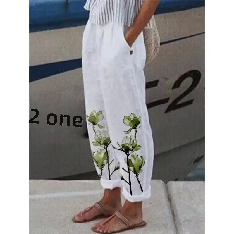 2022 Printed Cotton Linen Loose Leg Pants White Blue Floral