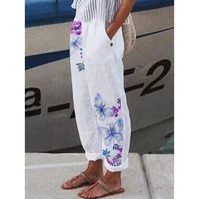 2022 Printed Cotton Linen Loose Leg Pants White Blue Floral