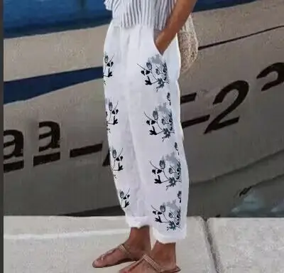 2022 Printed Cotton Linen Loose Leg Pants White Blue Floral