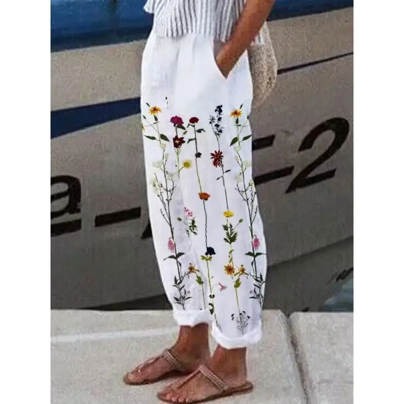 2022 Printed Cotton Linen Loose Leg Pants White Blue Floral