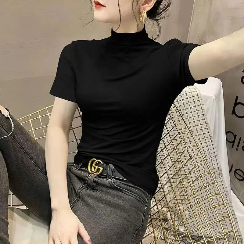 Women Black Half-Collar Slim Fit T-Shirt Spring Summer - Image 2