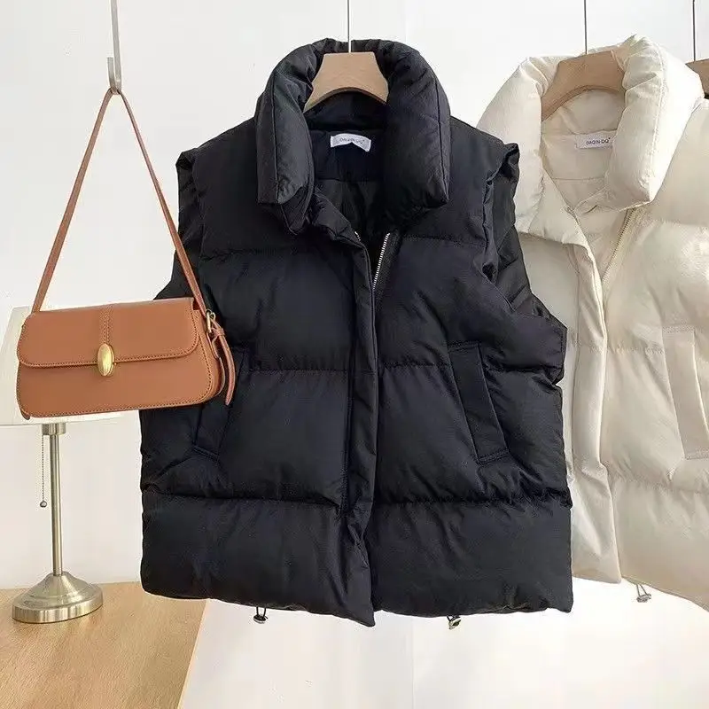Women's Black Winter Puffer Vest with Collar - Image 2